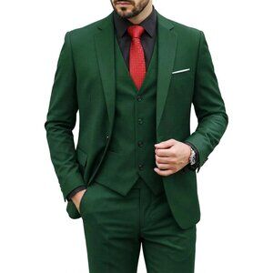 Men's Deep Green 3 Piece Set With Tie Slim Fit Prom Party Wedding Business Suits